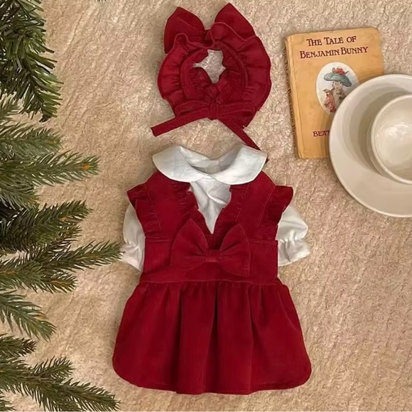 Red Velvet puppy dog Dress with Bow Christmas outfits - Picture 6 of 9